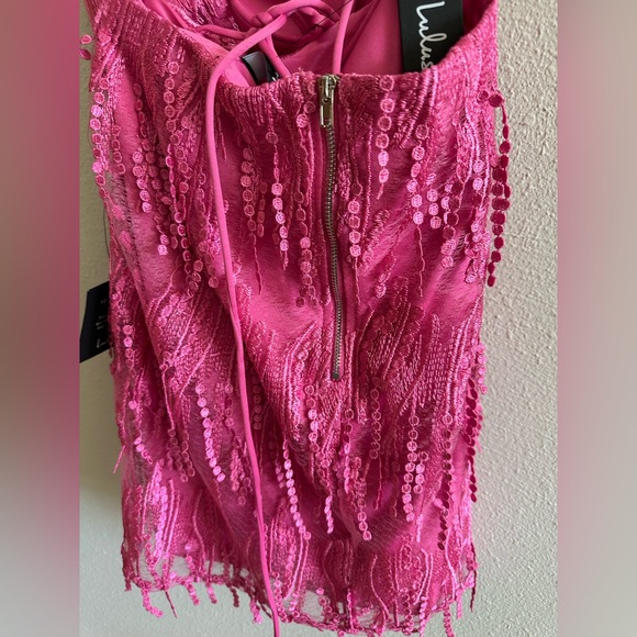 A7 - 377 Lulus hot pink lace up fringe mini dress size medium NWT - Picture 11 of 15